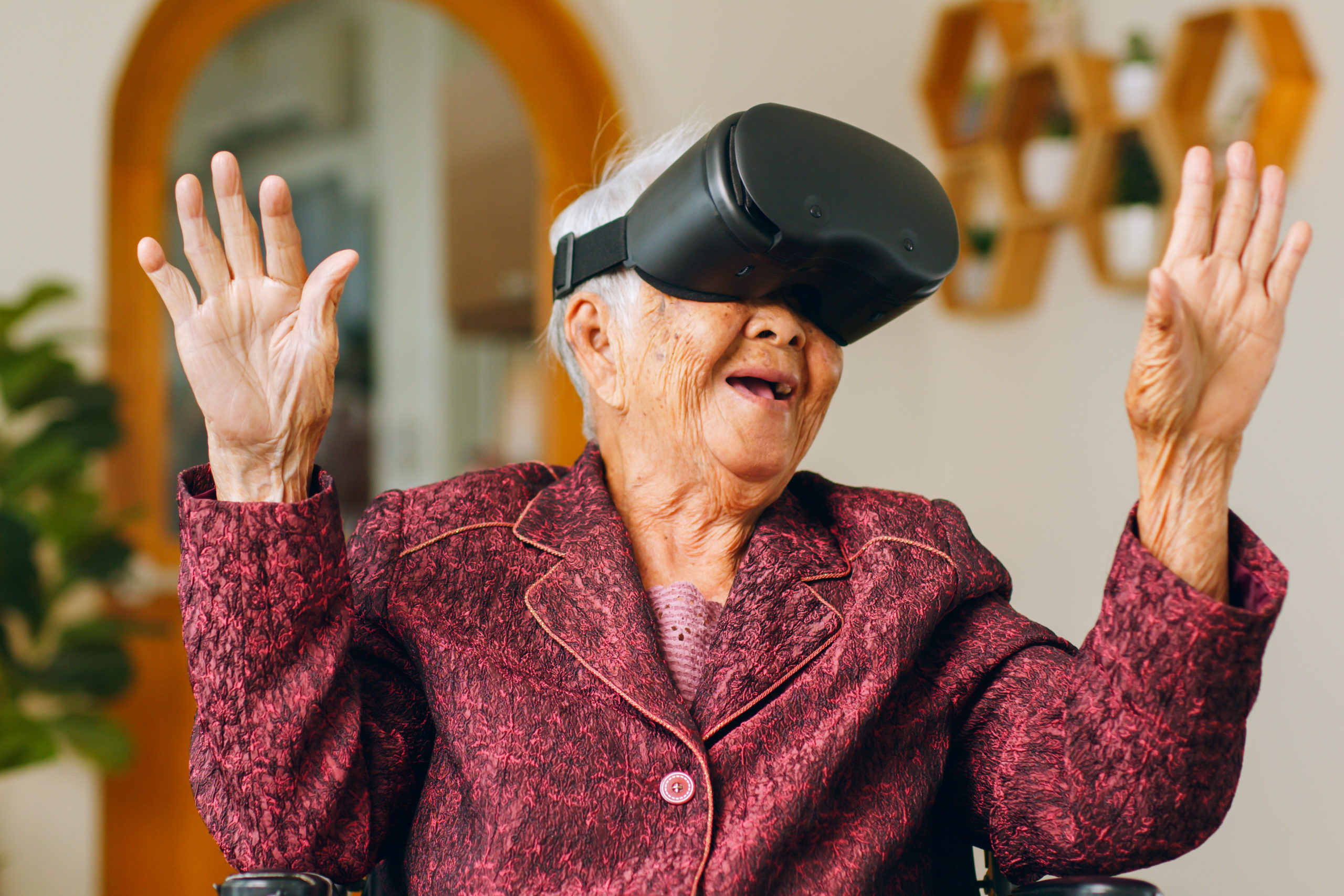 Woman using virtual reality device